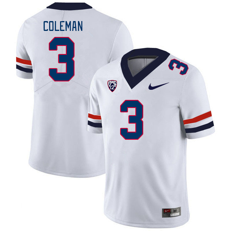 Men #3 Jonah Coleman Arizona Wildcats College Football Jerseys Stitched-White - Click Image to Close